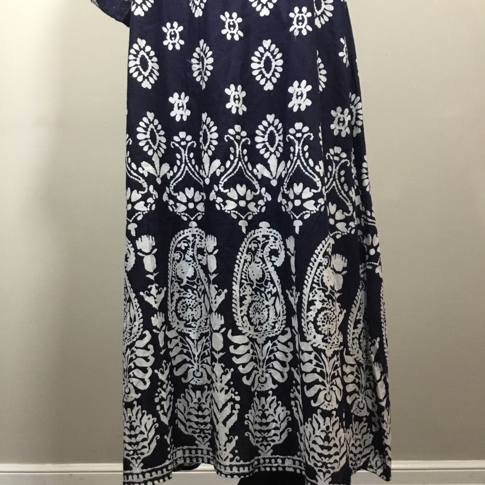 Mlle Gabrielle Navy blue paisley 100% cotton long dress like new button top sz L - Picture 7 of 8
